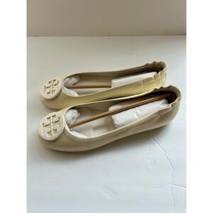 Tory Burch Minnie Travel Ballet with Logo - Soft Naplak, Ivory, Size 7.5